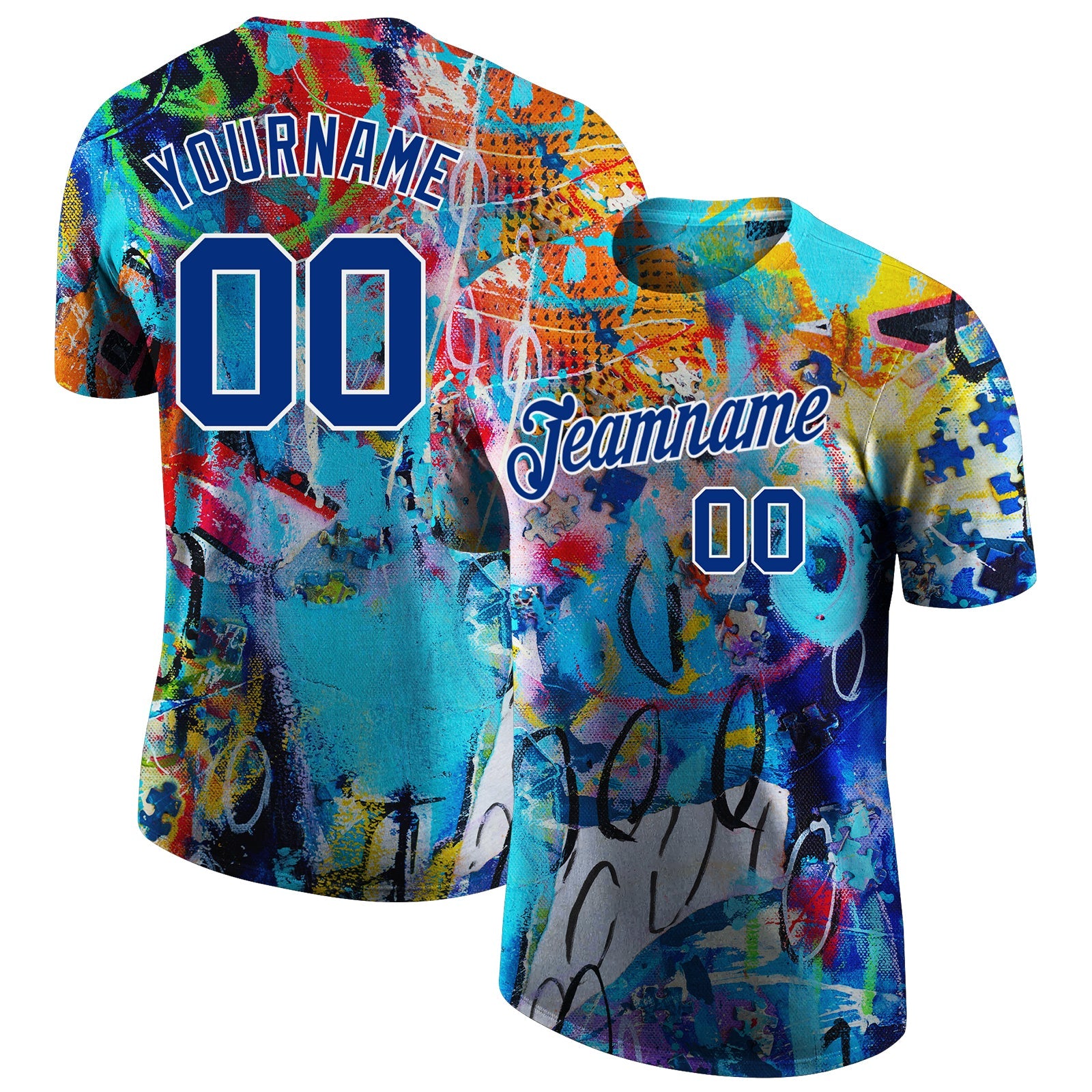 Custom Graffiti Pattern Royal-White 3D Performance T-Shirt - Main View
