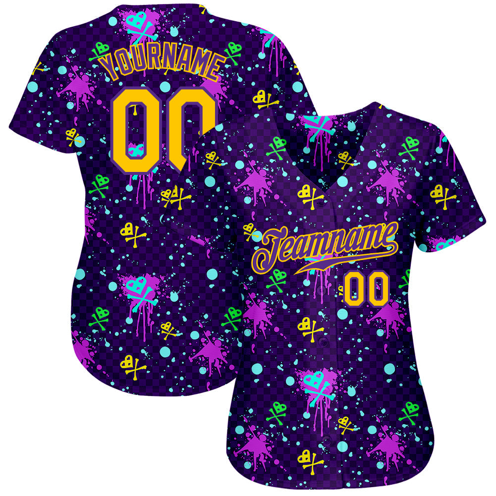 Custom Graffiti Pattern Gold-Purple 3D Clashing Colors Paint-Splatter Authentic Baseball Jersey view 2
