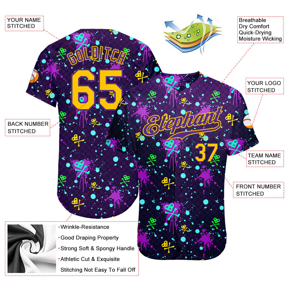 Custom Graffiti Pattern Gold-Purple 3D Clashing Colors Paint-Splatter Authentic Baseball Jersey view 3