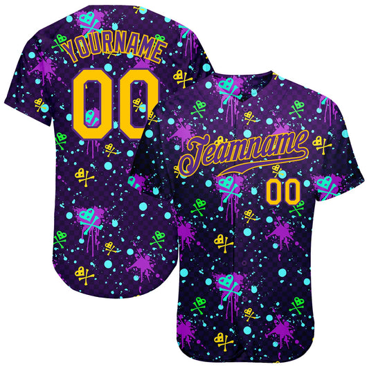 Custom Graffiti Pattern Gold-Purple 3D Clashing Colors Paint-Splatter Authentic Baseball Jersey - Main View