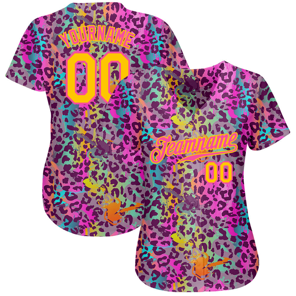 Custom Graffiti Pattern Gold-Pink 3D Colorful Leopard Authentic Baseball Jersey view 2