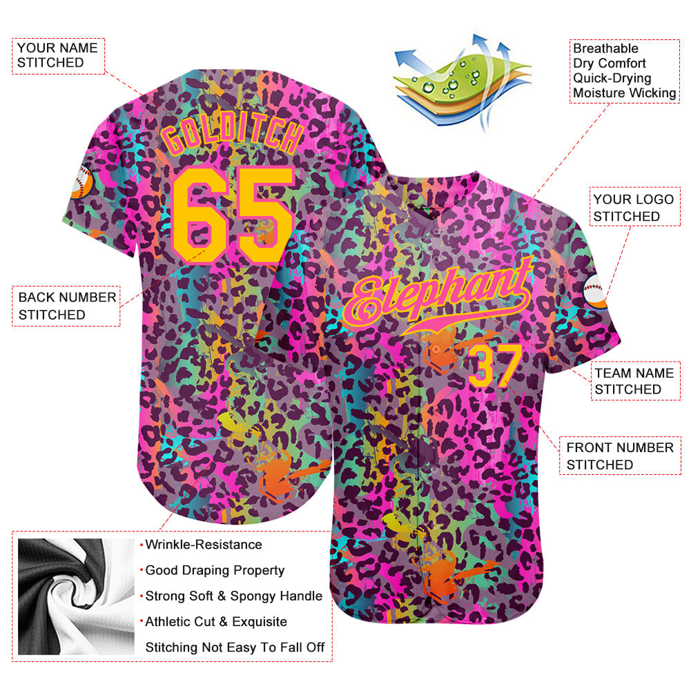 Custom Graffiti Pattern Gold-Pink 3D Colorful Leopard Authentic Baseball Jersey view 3