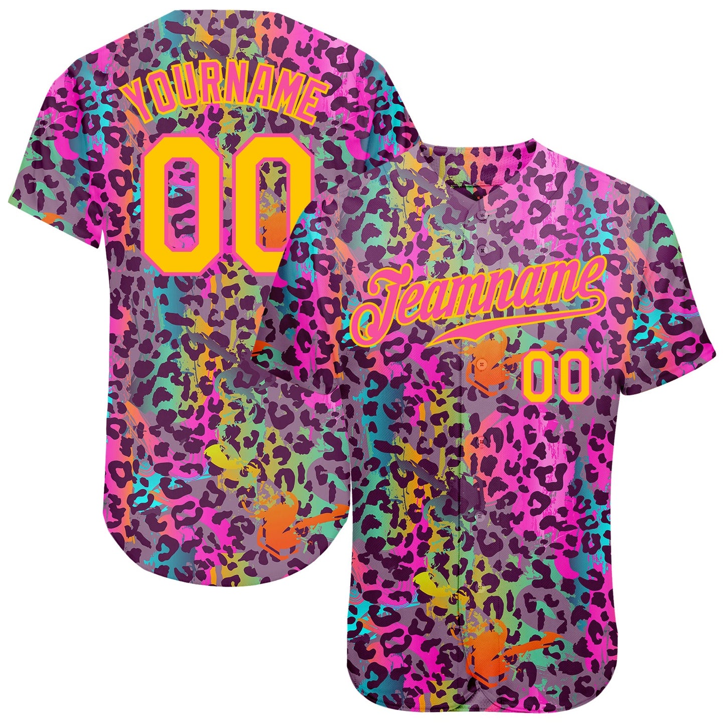 Custom Graffiti Pattern Gold-Pink 3D Colorful Leopard Authentic Baseball Jersey - Main View