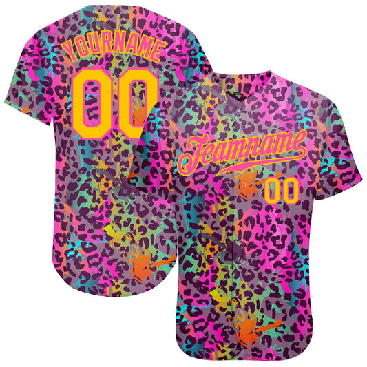Custom Graffiti Pattern Gold-Pink 3D Colorful Leopard Authentic Baseball Jersey - Main View