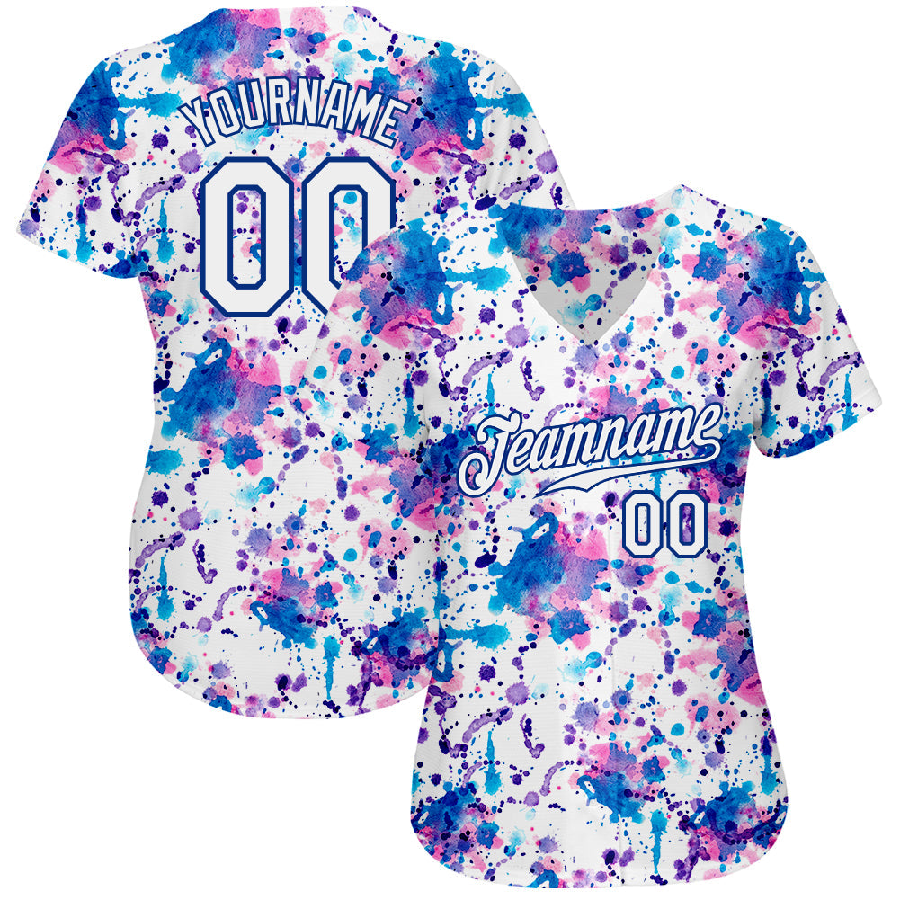 Custom Graffiti Pattern White-Royal 3D Abstract Watercolor Authentic Baseball Jersey view 2