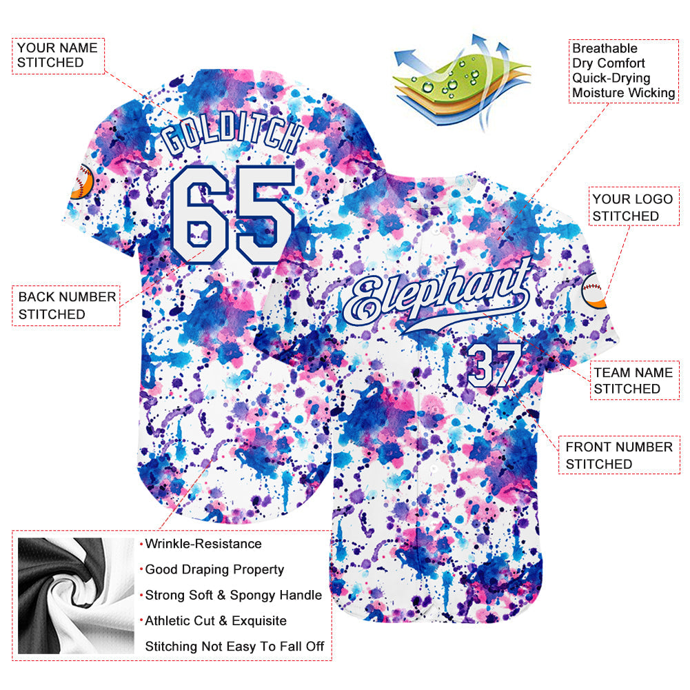 Custom Graffiti Pattern White-Royal 3D Abstract Watercolor Authentic Baseball Jersey view 3