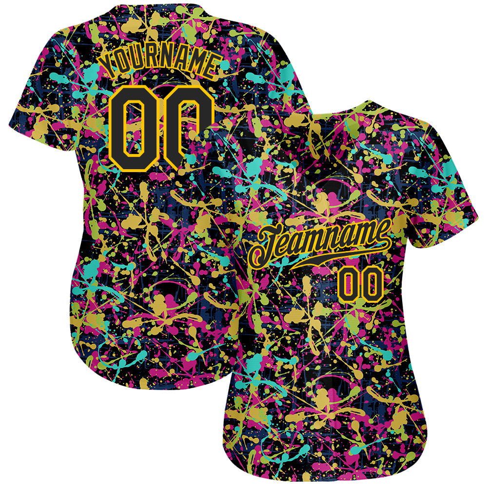 Custom Graffiti Pattern Black-Gold 3D Grunge Shabby Authentic Baseball Jersey view 2