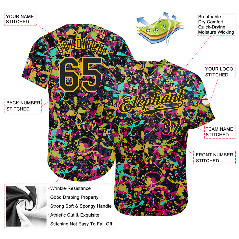 Custom Graffiti Pattern Black-Gold 3D Grunge Shabby Authentic Baseball Jersey view 3
