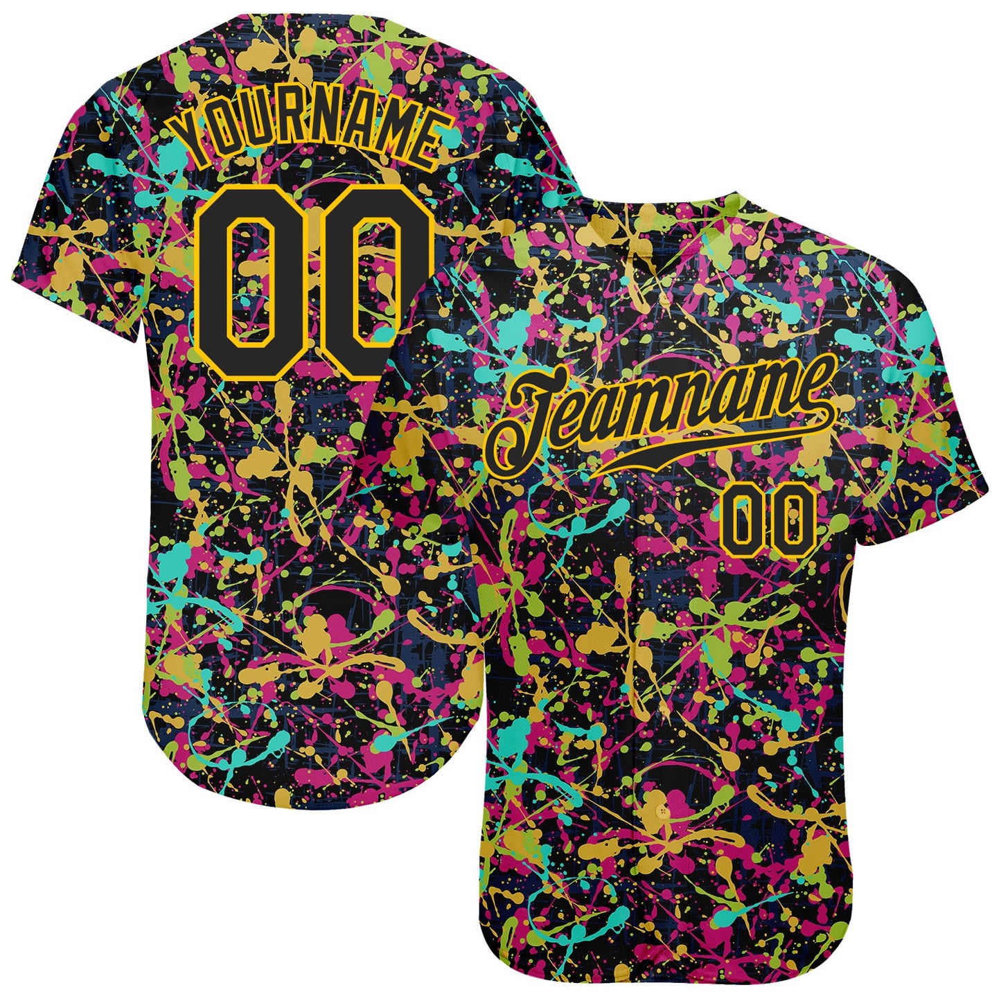 Custom Graffiti Pattern Black-Gold 3D Grunge Shabby Authentic Baseball Jersey - Main View