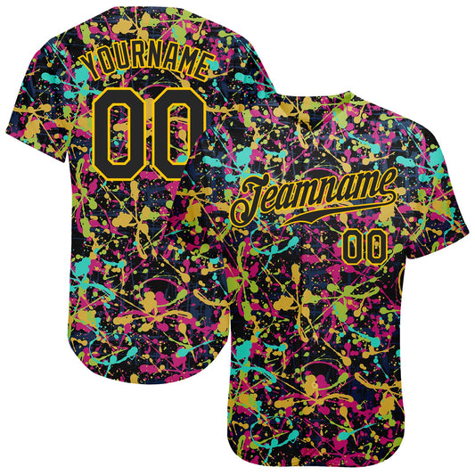 Custom Graffiti Pattern Black-Gold 3D Grunge Shabby Authentic Baseball Jersey - Main View