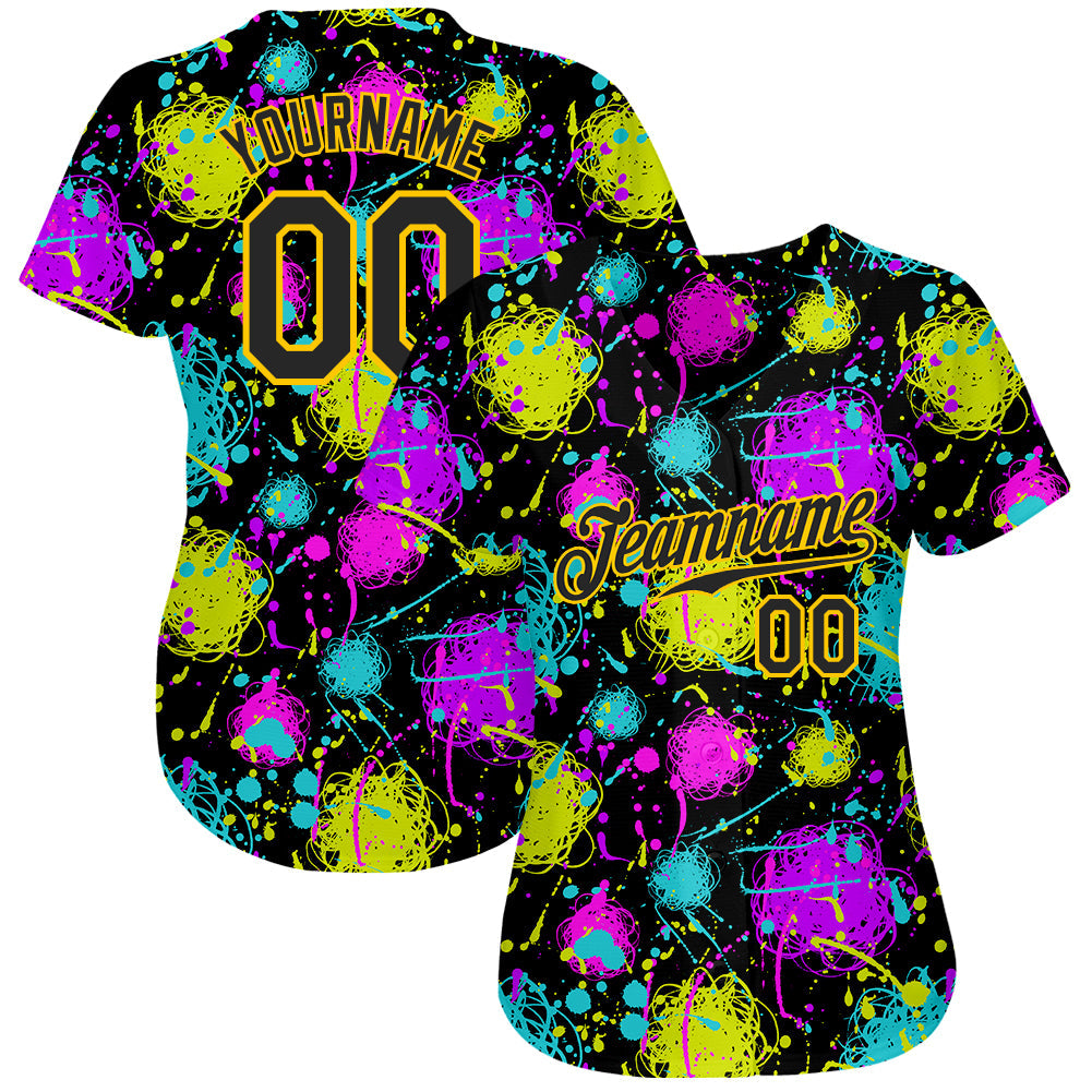 Custom Graffiti Pattern Black-Gold 3D Neon Splatter Authentic Baseball Jersey view 2