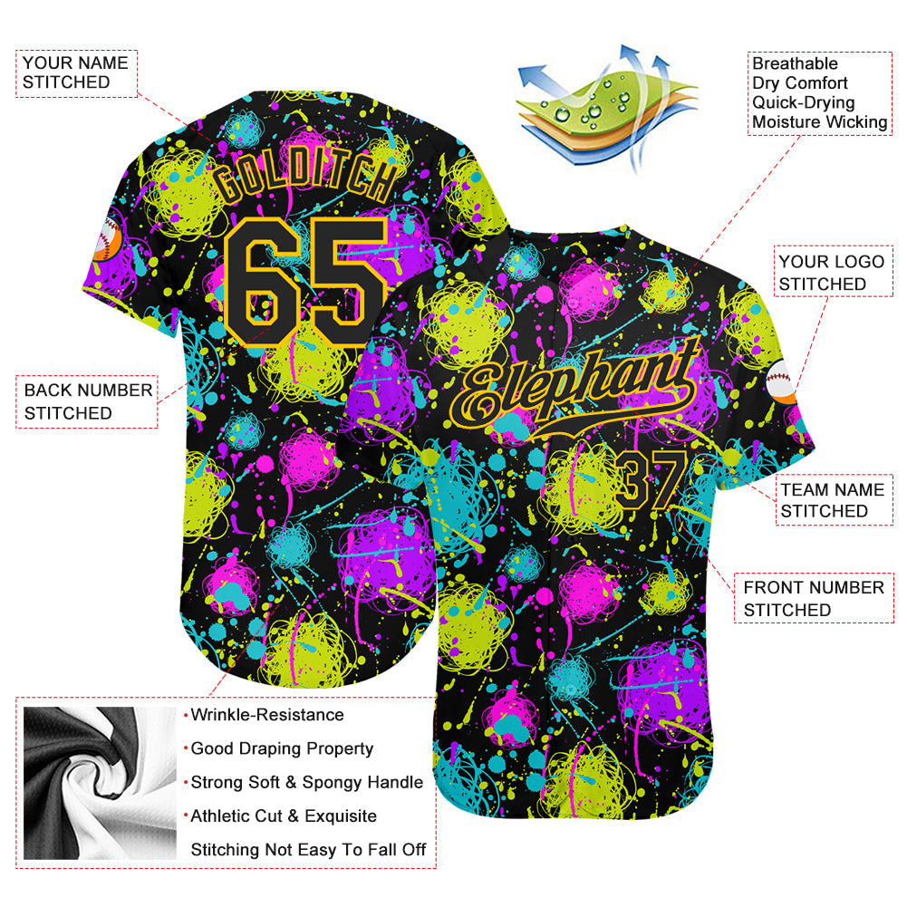 Custom Graffiti Pattern Black-Gold 3D Neon Splatter Authentic Baseball Jersey view 3