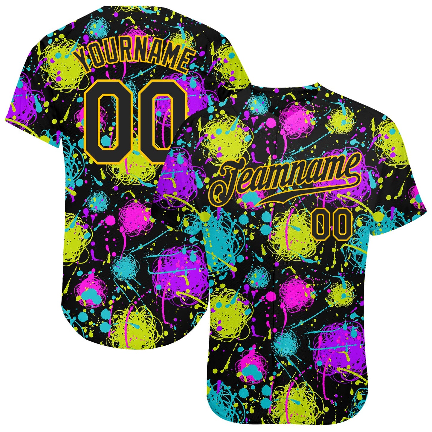 Custom Graffiti Pattern Black-Gold 3D Neon Splatter Authentic Baseball Jersey - Main View