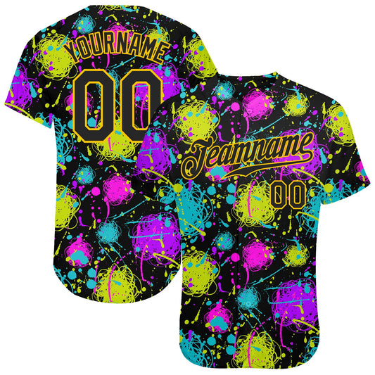 Custom Graffiti Pattern Black-Gold 3D Neon Splatter Authentic Baseball Jersey - Main View