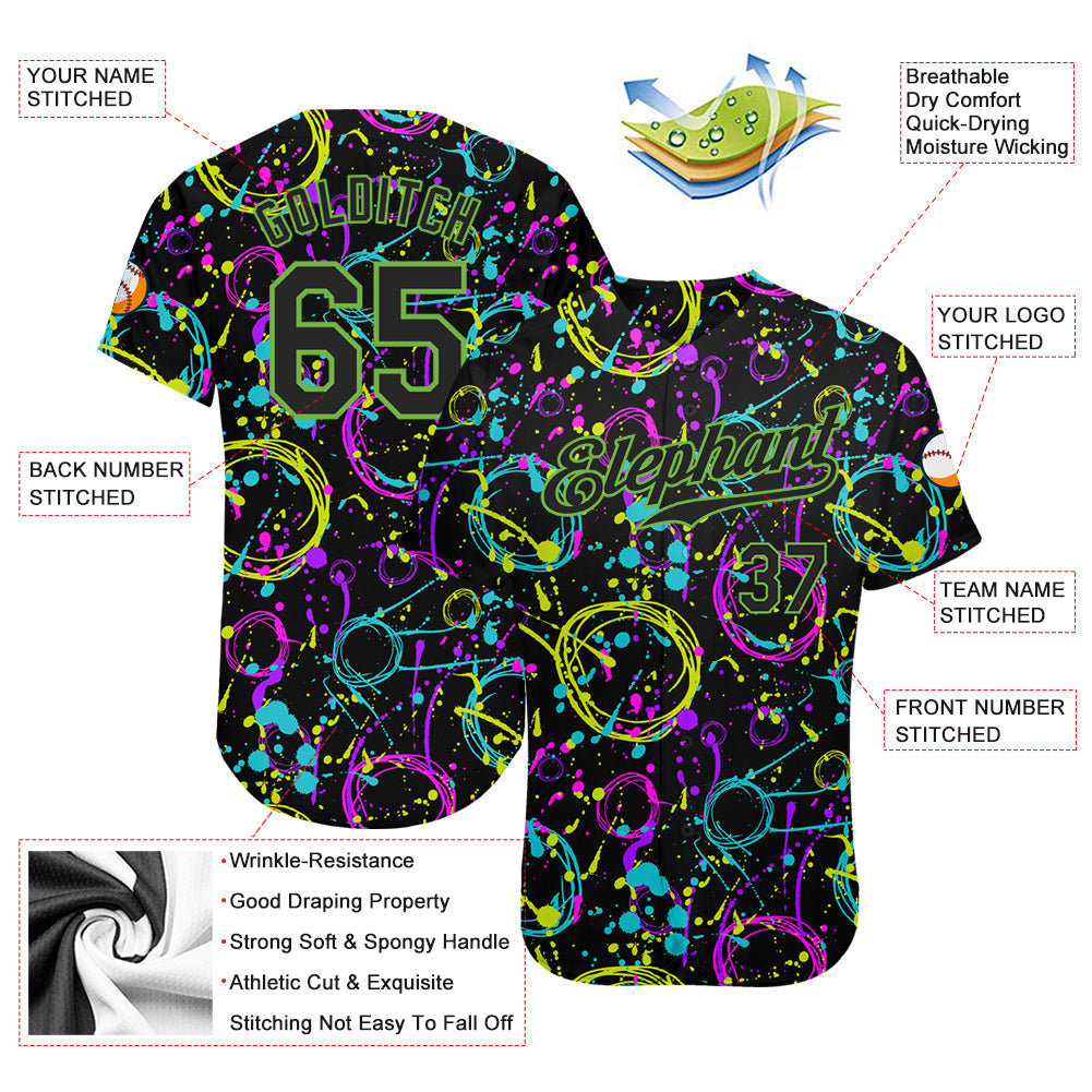 Custom Graffiti Pattern Black-Neon Green 3D Neon Splatter Authentic Baseball Jersey view 3