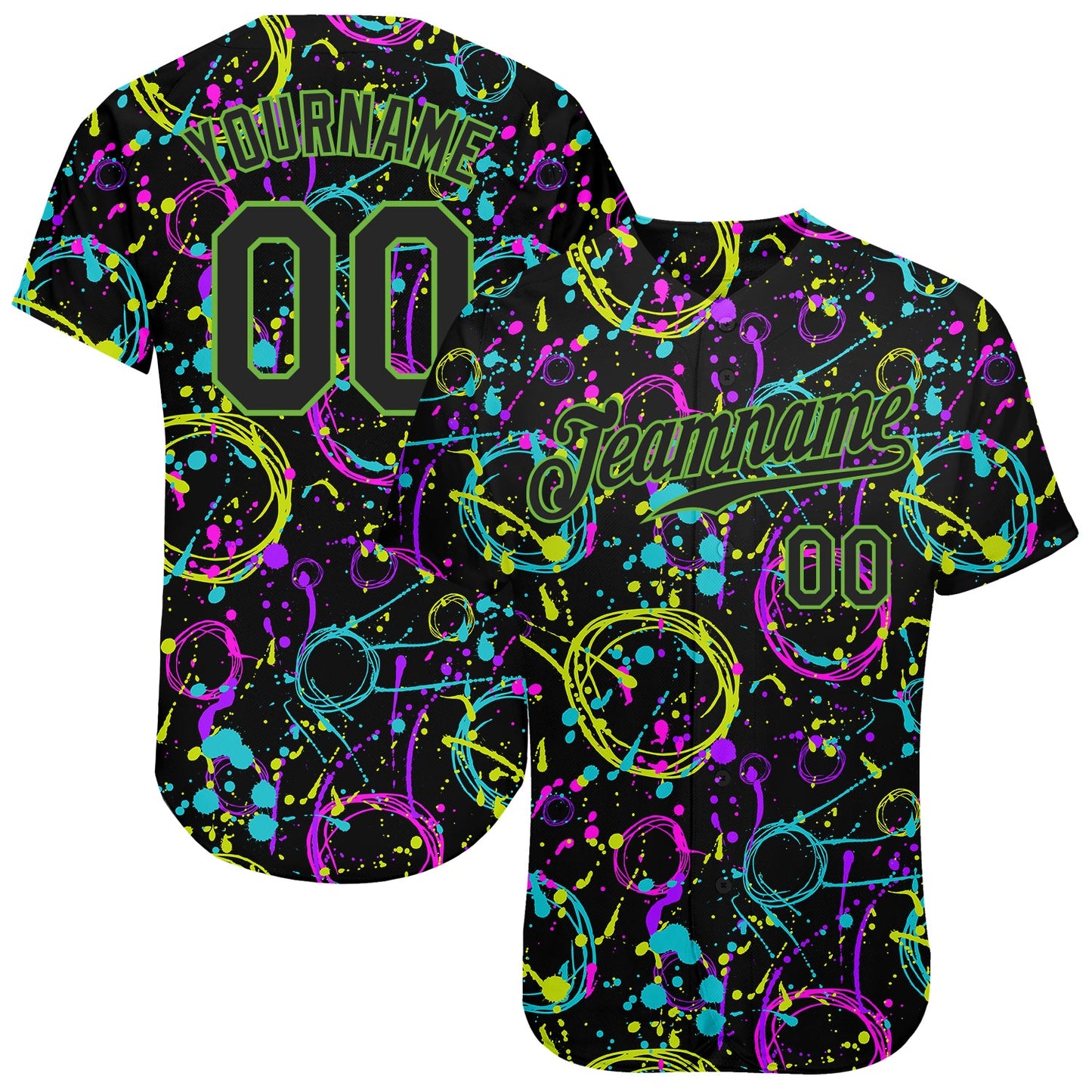 Custom Graffiti Pattern Black-Neon Green 3D Neon Splatter Authentic Baseball Jersey - Main View