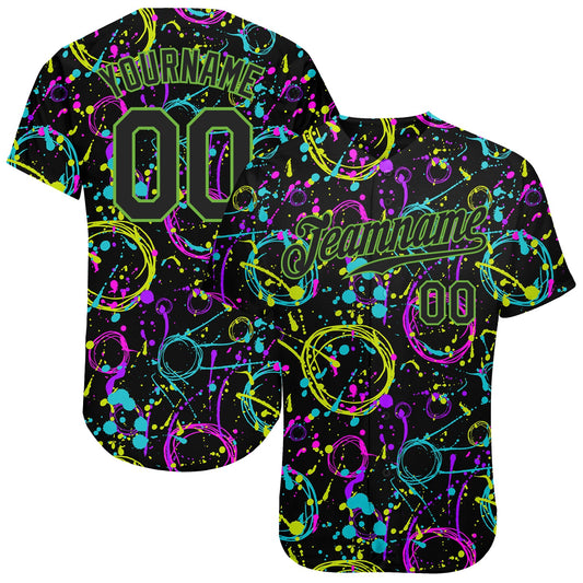 Custom Graffiti Pattern Black-Neon Green 3D Neon Splatter Authentic Baseball Jersey - Main View