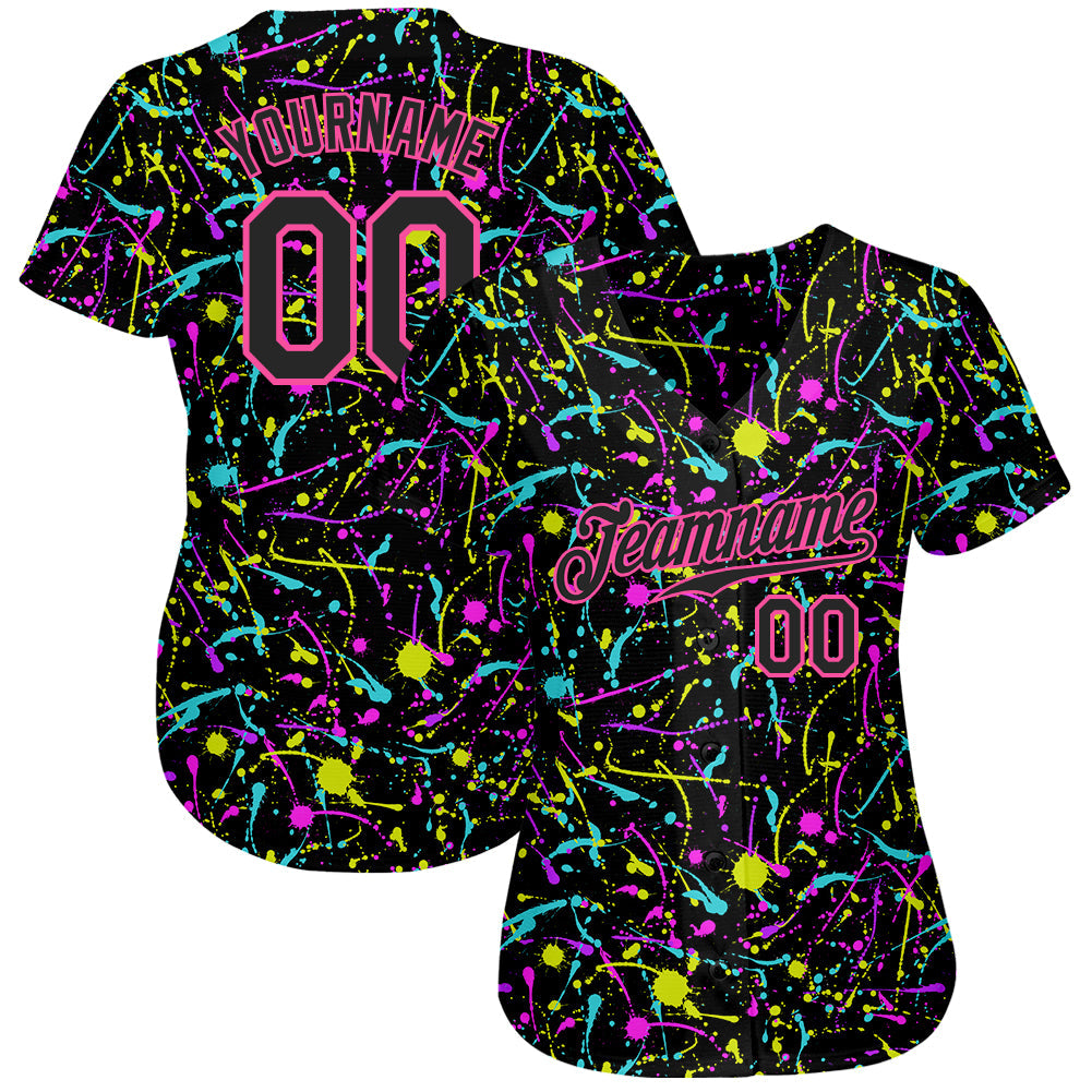 Custom Graffiti Pattern Black-Pink 3D Neon Splatter Authentic Baseball Jersey view 3
