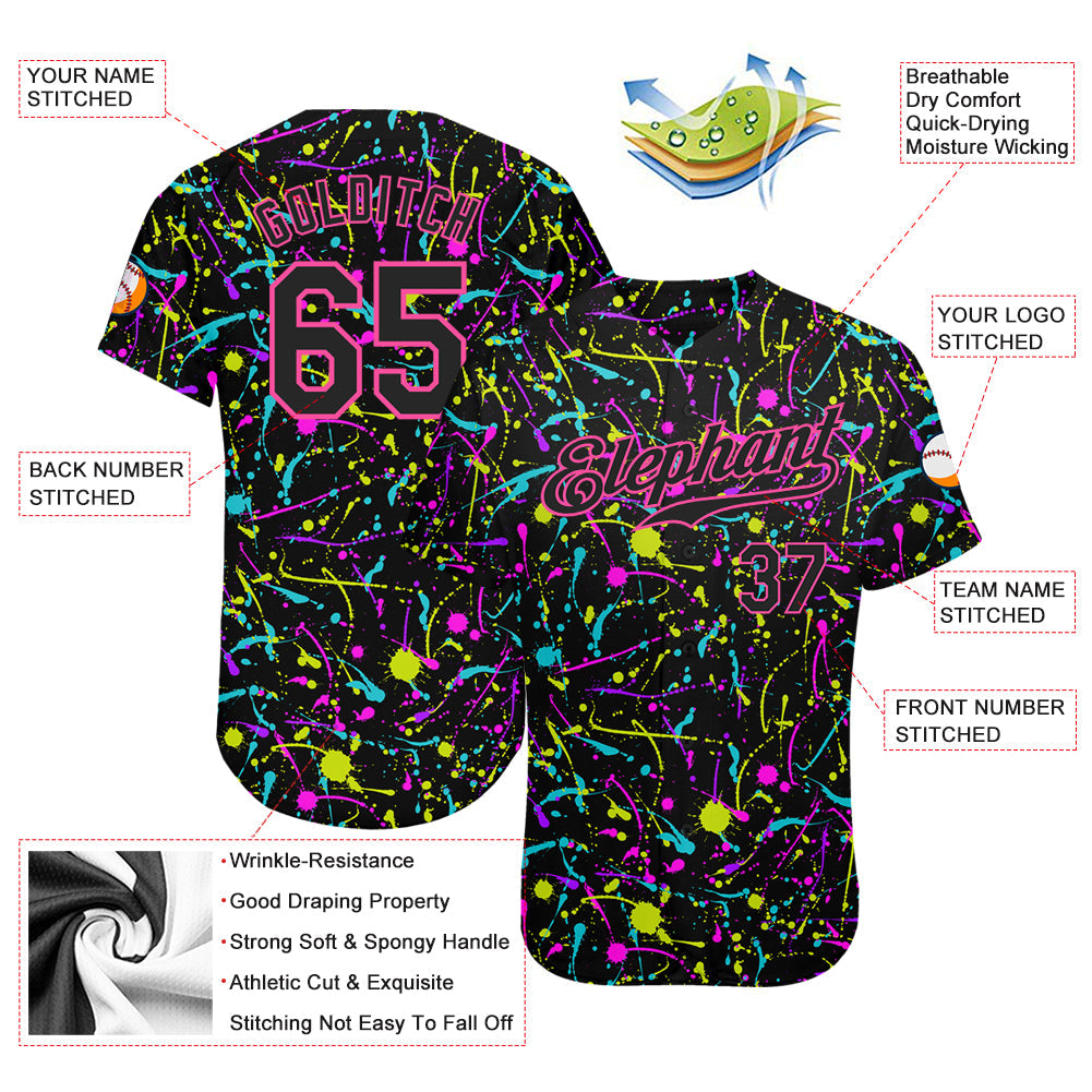 Custom Graffiti Pattern Black-Pink 3D Neon Splatter Authentic Baseball Jersey view 4