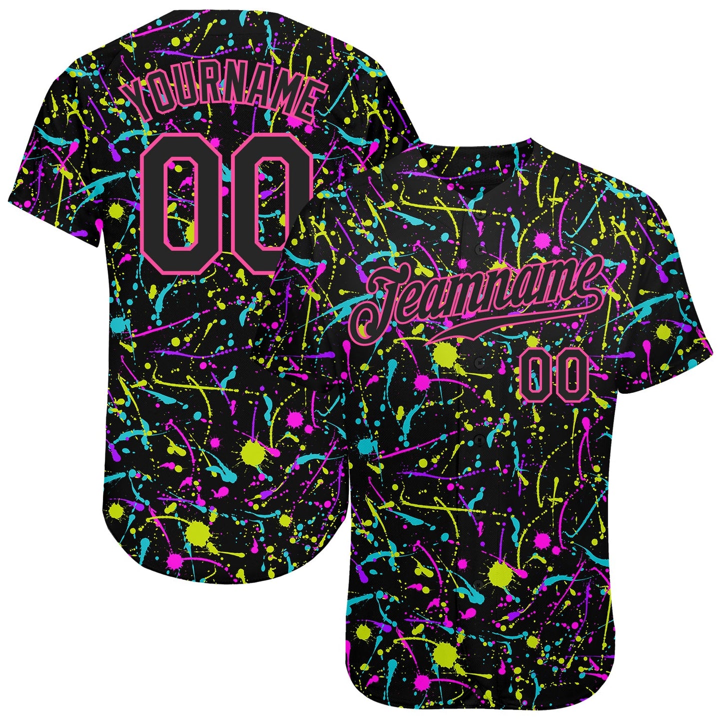Custom Graffiti Pattern Black-Pink 3D Neon Splatter Authentic Baseball Jersey - Main View