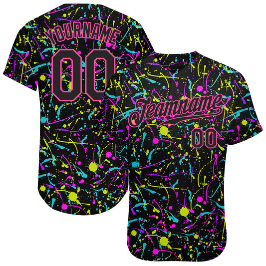 Custom Graffiti Pattern Black-Pink 3D Neon Splatter Authentic Baseball Jersey - Main View