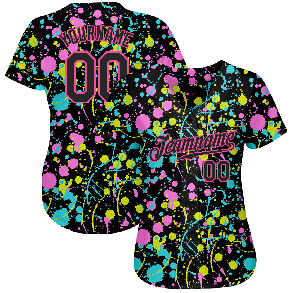 Custom Graffiti Pattern Black-Pink 3D Neon Splatter Authentic Baseball Jersey view 2