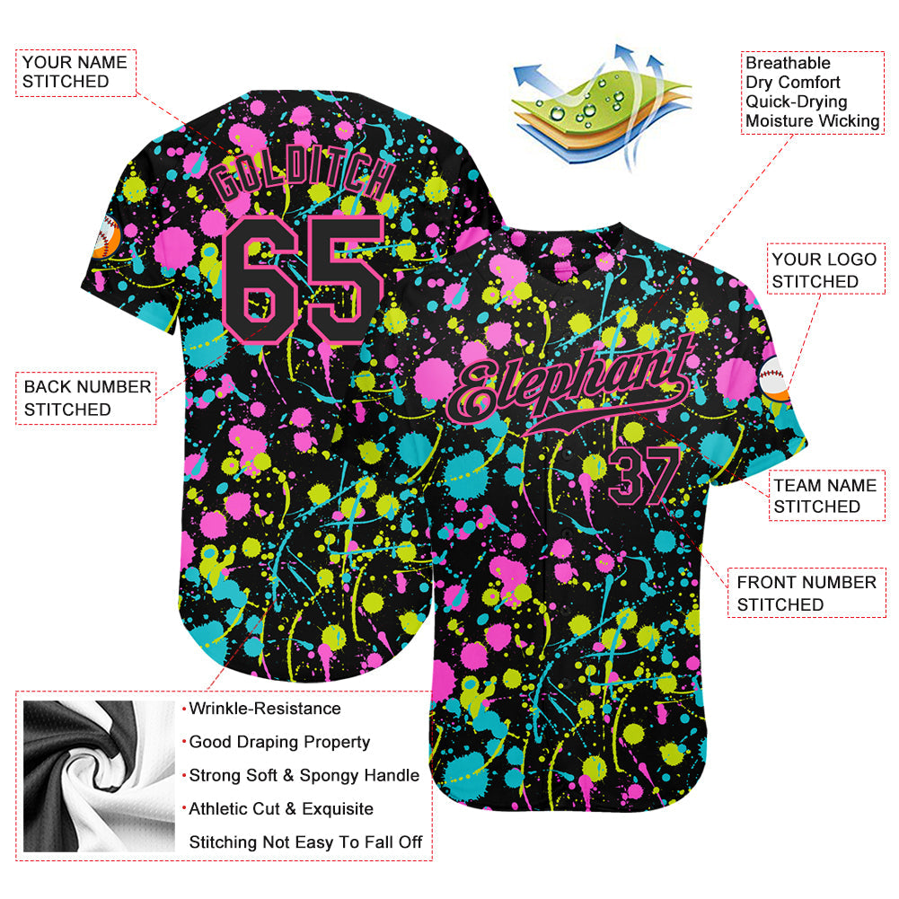Custom Graffiti Pattern Black-Pink 3D Neon Splatter Authentic Baseball Jersey view 3