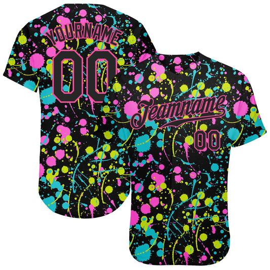 Custom Graffiti Pattern Black-Pink 3D Neon Splatter Authentic Baseball Jersey - Main View