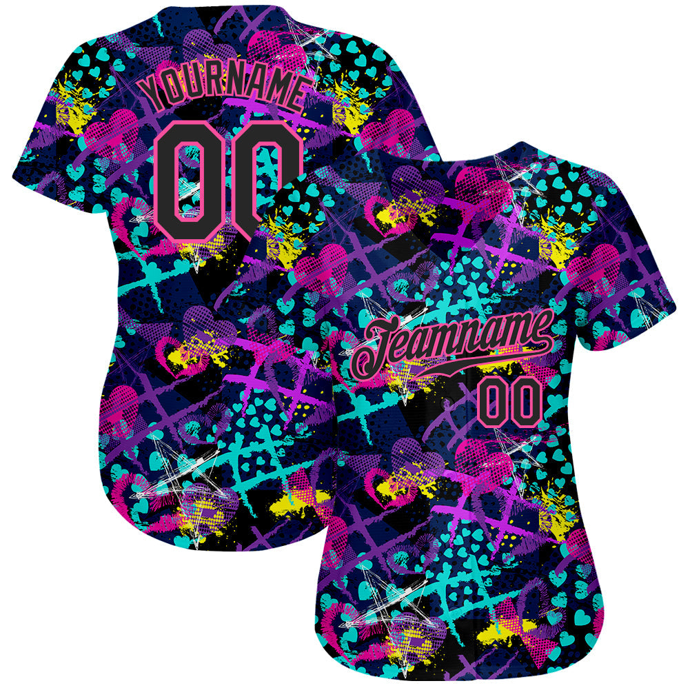 Custom Graffiti Pattern Black-Pink 3D Creative Hearts Stars Geometric Figures Authentic Baseball Jersey view 2
