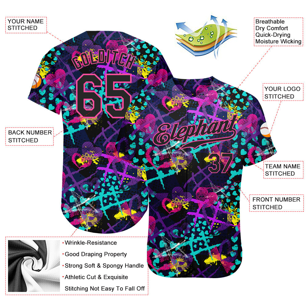 Custom Graffiti Pattern Black-Pink 3D Creative Hearts Stars Geometric Figures Authentic Baseball Jersey view 3