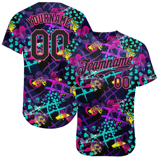 Custom Graffiti Pattern Black-Pink 3D Creative Hearts Stars Geometric Figures Authentic Baseball Jersey - Main View