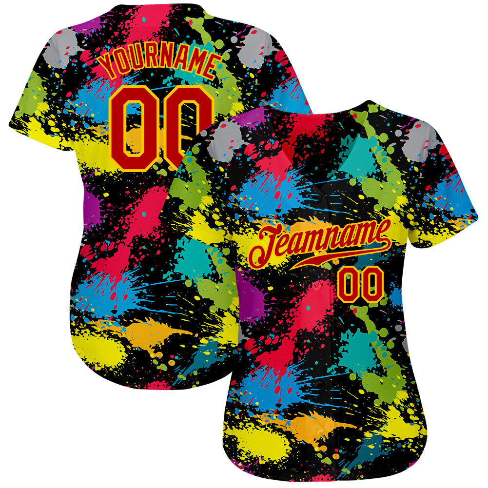 Custom Graffiti Pattern Red-Gold 3D Colorful Splattered Messy Art Ink Paintbrush Drawing Authentic Baseball Jersey view 2