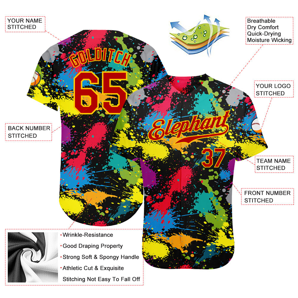 Custom Graffiti Pattern Red-Gold 3D Colorful Splattered Messy Art Ink Paintbrush Drawing Authentic Baseball Jersey view 3