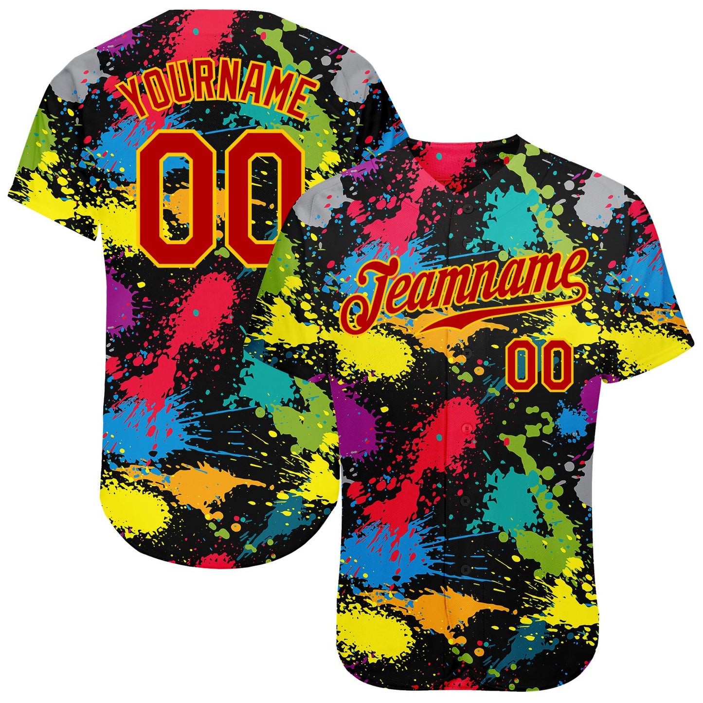 Custom Graffiti Pattern Red-Gold 3D Colorful Splattered Messy Art Ink Paintbrush Drawing Authentic Baseball Jersey - Main View