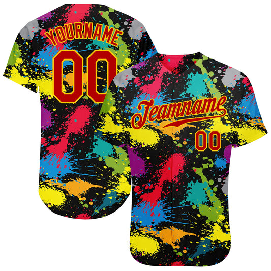 Custom Graffiti Pattern Red-Gold 3D Colorful Splattered Messy Art Ink Paintbrush Drawing Authentic Baseball Jersey - Main View