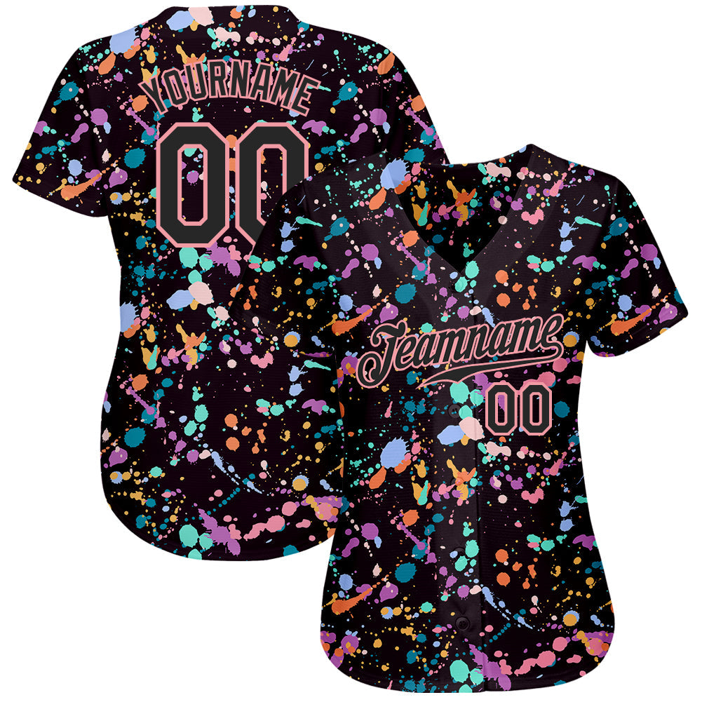 Custom Graffiti Pattern Black-Medium Pink 3D Expressive Splatter Authentic Baseball Jersey view 2