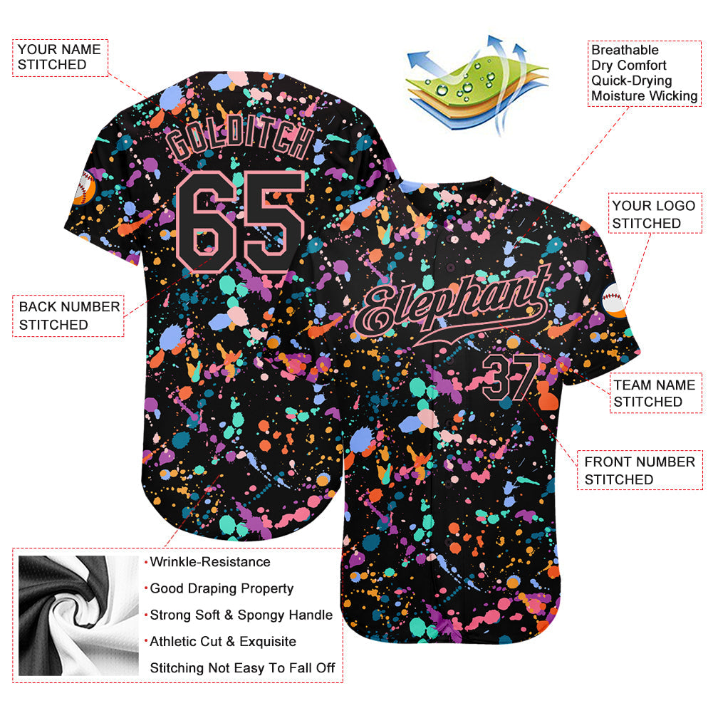 Custom Graffiti Pattern Black-Medium Pink 3D Expressive Splatter Authentic Baseball Jersey view 3