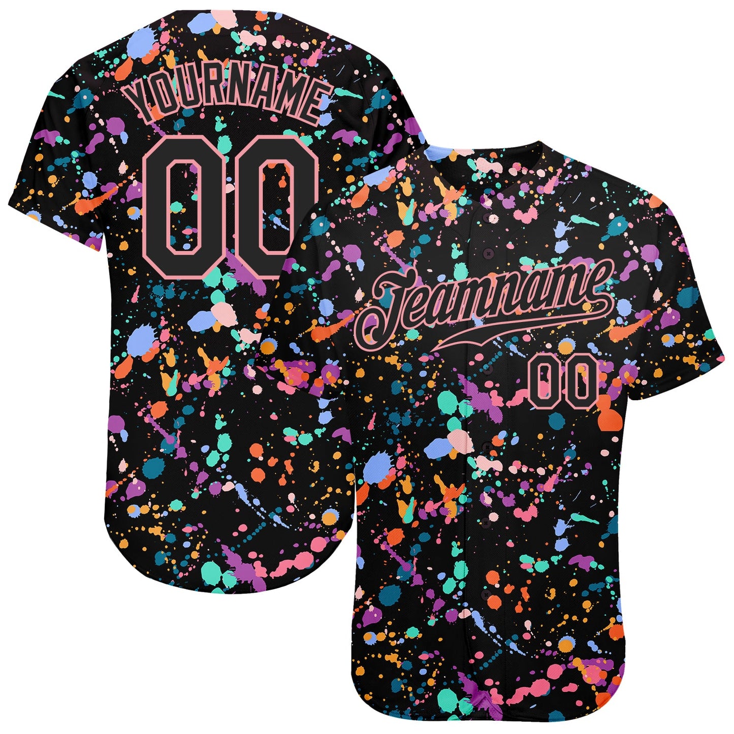 Custom Graffiti Pattern Black-Medium Pink 3D Expressive Splatter Authentic Baseball Jersey - Main View