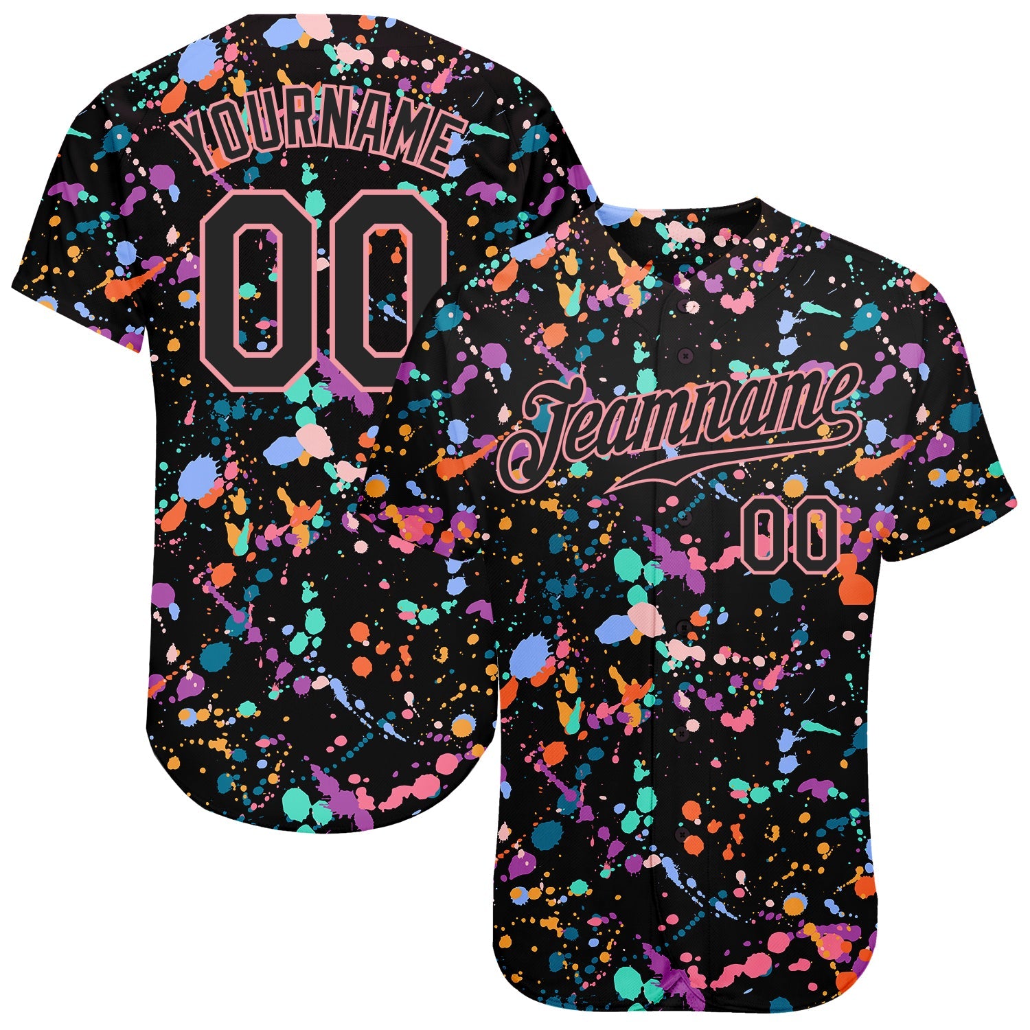 Custom Graffiti Pattern Black-Medium Pink 3D Expressive Splatter Authentic Baseball Jersey - Main View