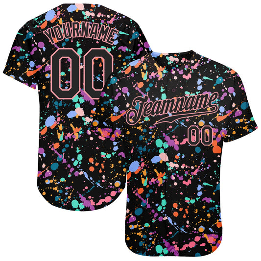 Custom Graffiti Pattern Black-Medium Pink 3D Expressive Splatter Authentic Baseball Jersey - Main View
