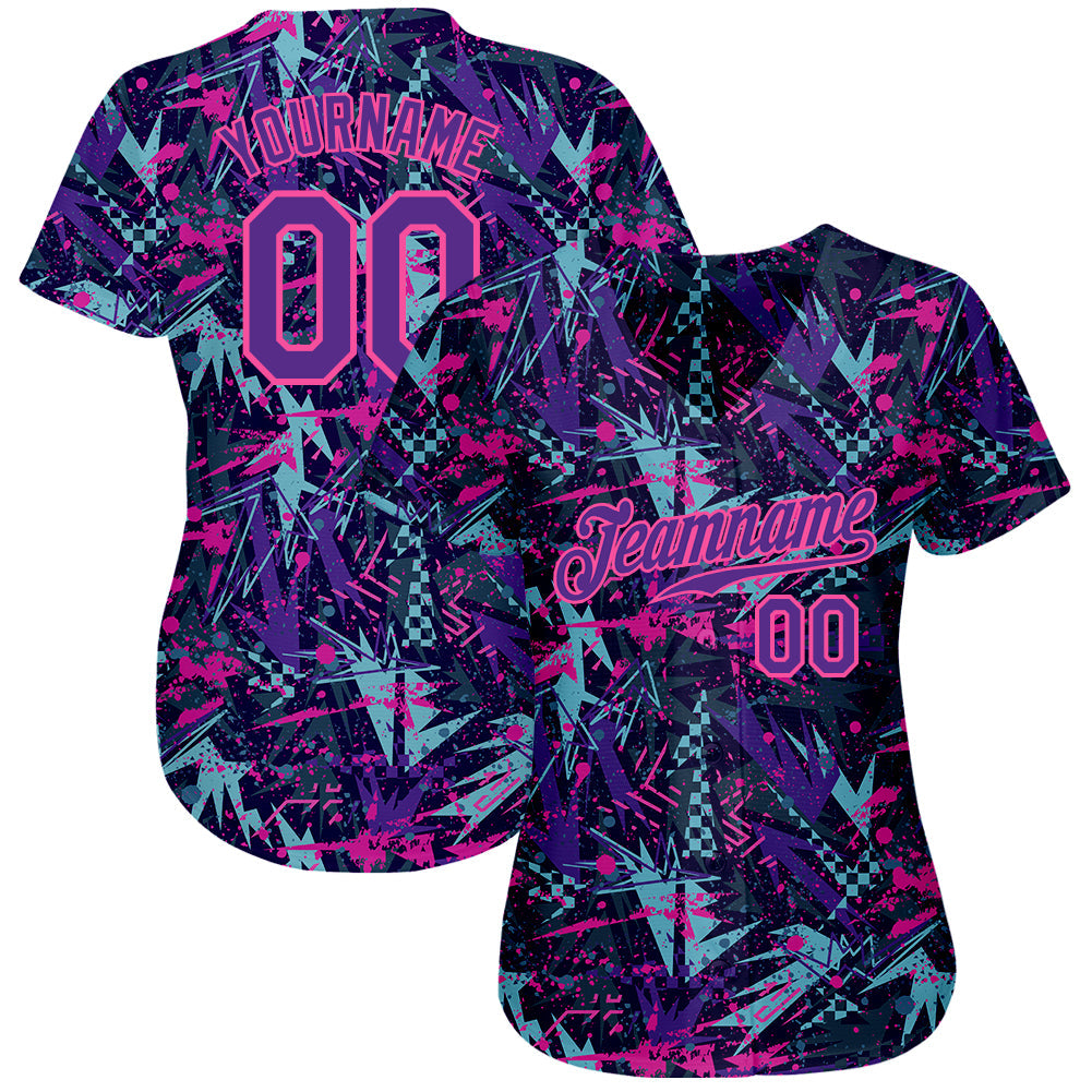 Custom Graffiti Pattern Purple-Pink 3D Creative Geometric Figures And Dots Authentic Baseball Jersey view 2