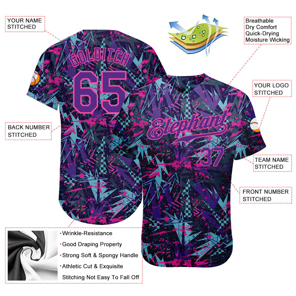 Custom Graffiti Pattern Purple-Pink 3D Creative Geometric Figures And Dots Authentic Baseball Jersey view 3