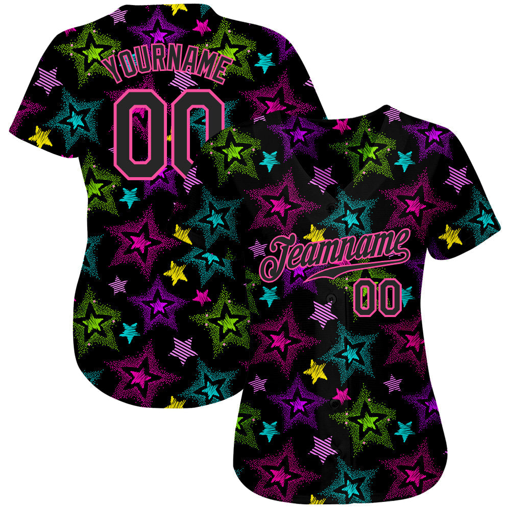 Custom Graffiti Pattern Black-Pink 3D Creative Colorful Stars Authentic Baseball Jersey view 2