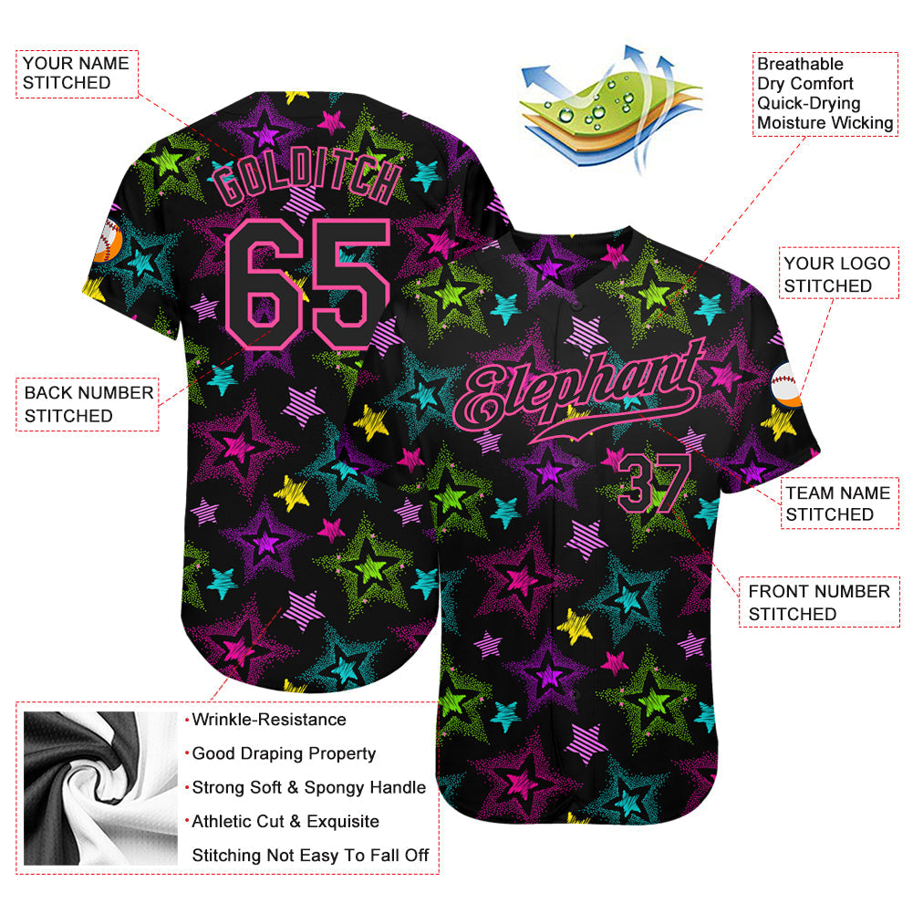 Custom Graffiti Pattern Black-Pink 3D Creative Colorful Stars Authentic Baseball Jersey view 3