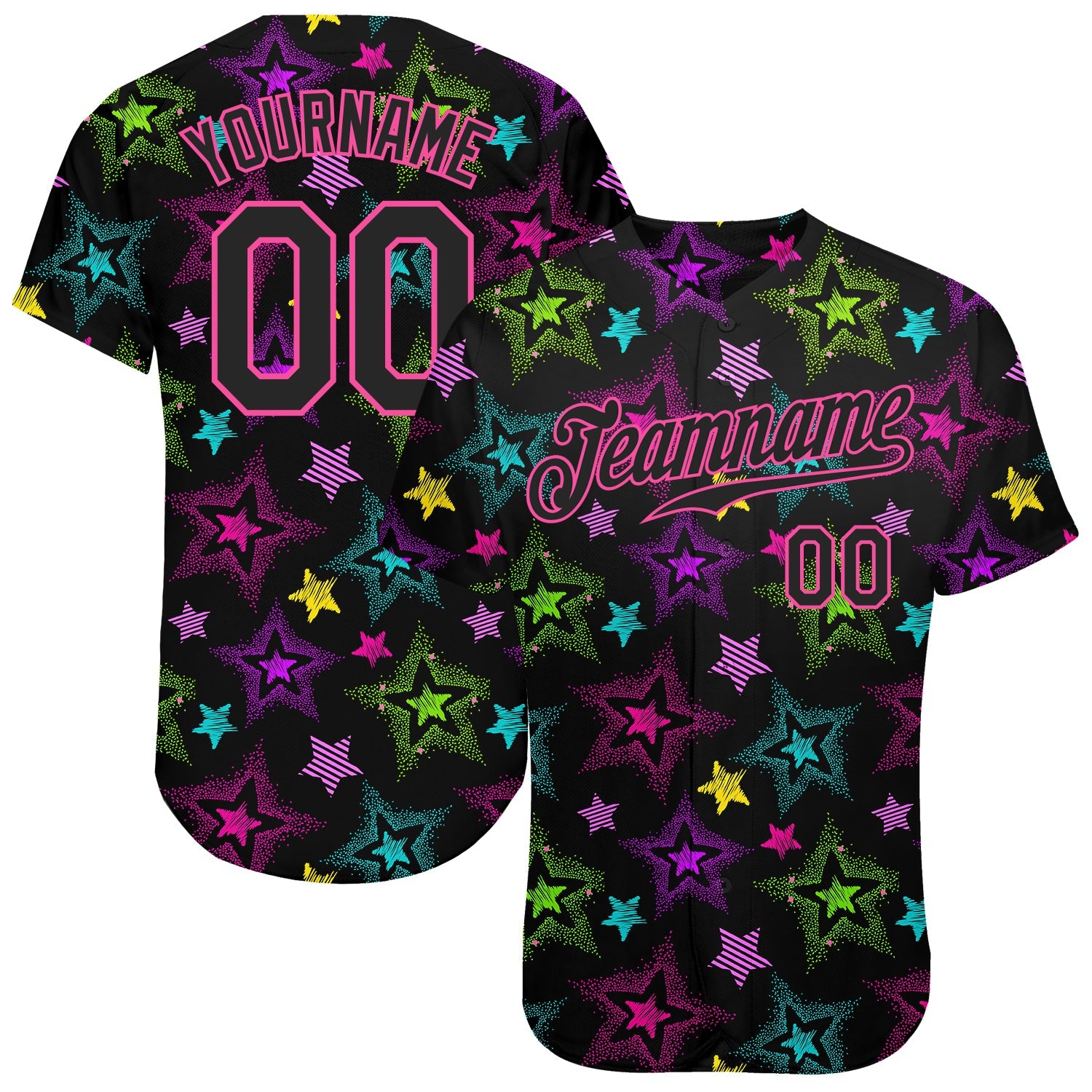 Custom Graffiti Pattern Black-Pink 3D Creative Colorful Stars Authentic Baseball Jersey - Main View