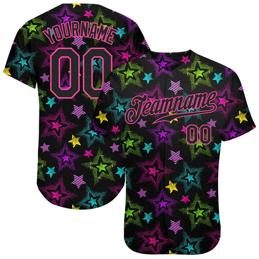 Custom Graffiti Pattern Black-Pink 3D Creative Colorful Stars Authentic Baseball Jersey - Main View