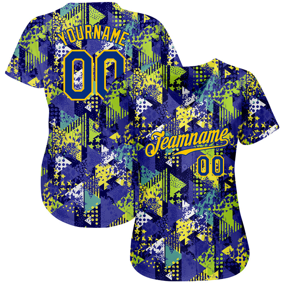 Custom Graffiti Pattern Royal-Gold 3D Creative Geometric Figures Triangle And Dots Authentic Baseball Jersey view 2