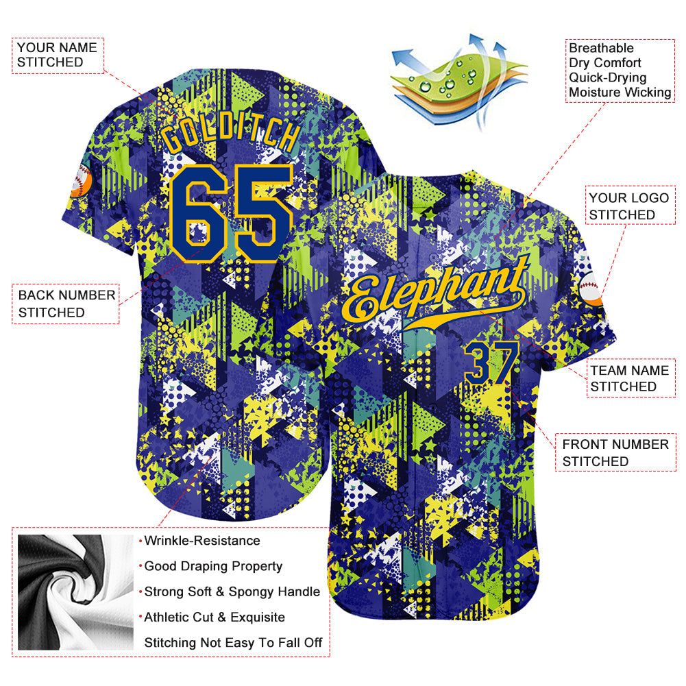 Custom Graffiti Pattern Royal-Gold 3D Creative Geometric Figures Triangle And Dots Authentic Baseball Jersey view 3