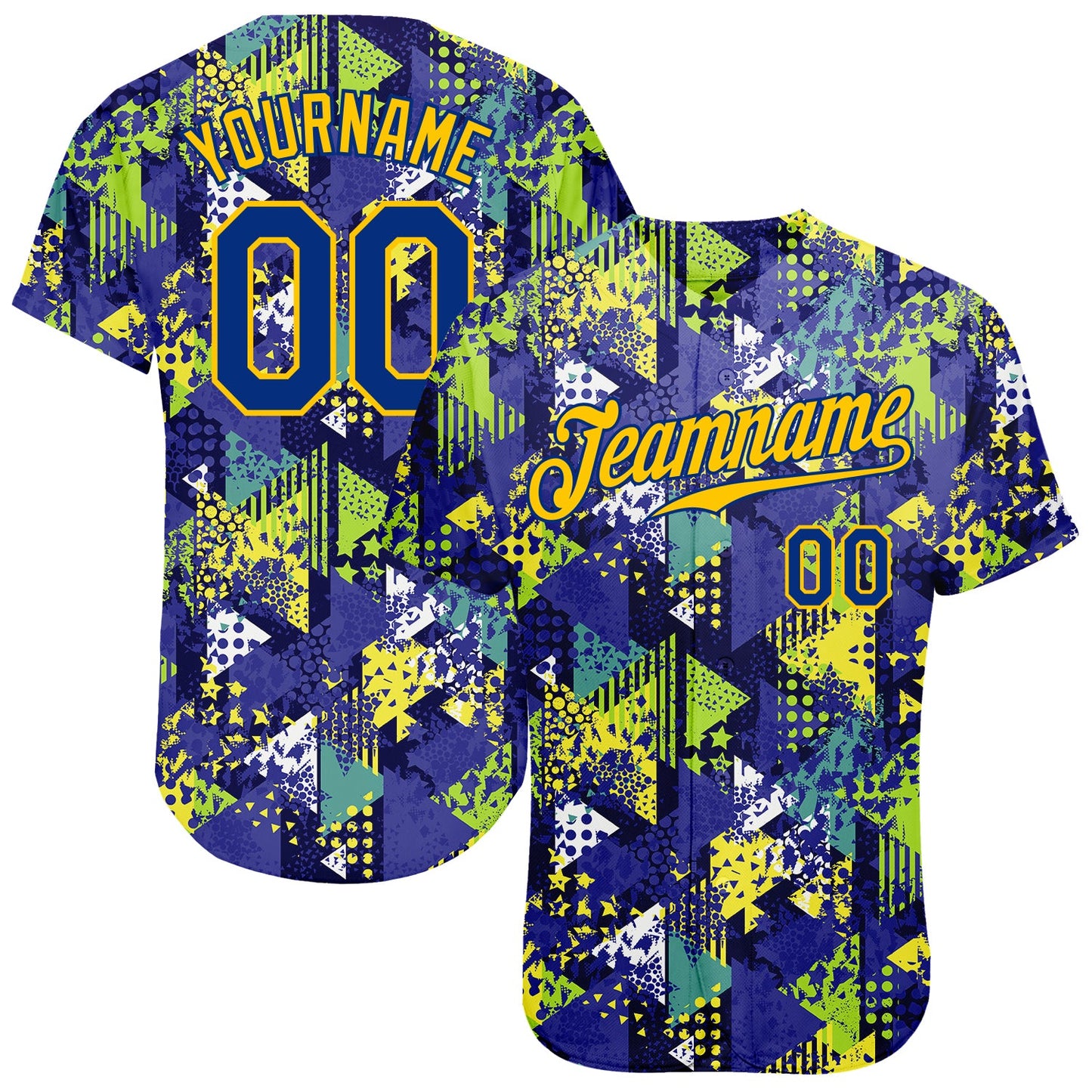 Custom Graffiti Pattern Royal-Gold 3D Creative Geometric Figures Triangle And Dots Authentic Baseball Jersey - Main View