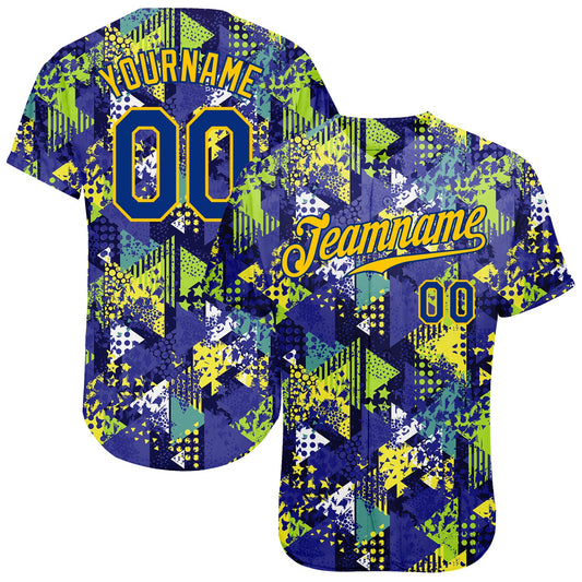 Custom Graffiti Pattern Royal-Gold 3D Creative Geometric Figures Triangle And Dots Authentic Baseball Jersey - Main View